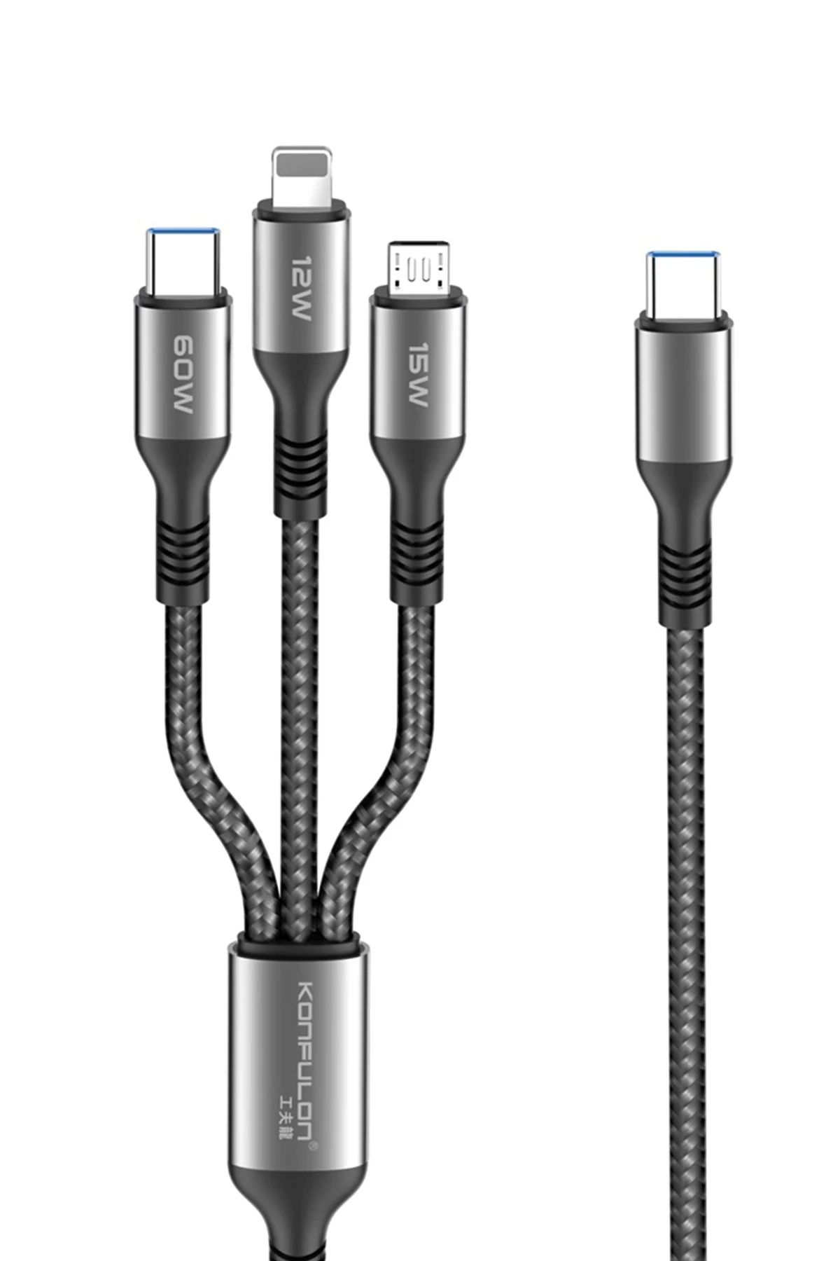 konfulon-dc62-3in1-type-c-to-60w-type-c-12w-lightning-15w-micro-12m-hizli-sarj-kablo-siyah-default Konfulon DC62 3in1 Type-C to 60W Type-C / 12W Lightning / 15W Micro 1.2M Hızlı Şarj Kablo - Siyah - Görsel 1