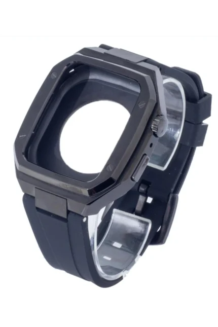 Uray store Apple Watch 44mm KR402 Metal Kasa Silikon Kordon - Siyah