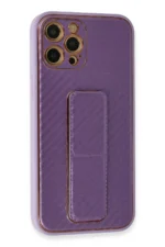 Uray store Apple iPhone 12 Pro Kılıf Coco Karbon Standlı Kapak - Mor - Görsel 2
