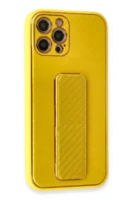 Uray store Apple iPhone 12 Pro Max Kılıf Coco Karbon Standlı Kapak - Sarı - Görsel 2