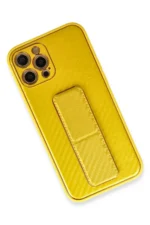 Uray store Apple iPhone 12 Pro Max Kılıf Coco Karbon Standlı Kapak - Sarı - Görsel 3