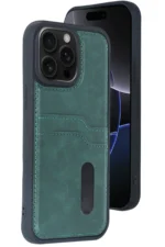 Uray store Apple iPhone 15 Pro Max Kılıf Sara Kartvizitli Deri Kılıf - Koyu Yeşil