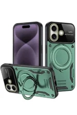 Uray store Apple iPhone 16 Kılıf Joy Lens Standlı Kapak - Koyu Yeşil