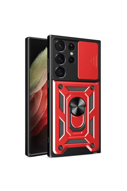 Uray store Samsung Galaxy S23 Ultra Kılıf Pars Lens Yüzüklü Silikon - Kırmızı