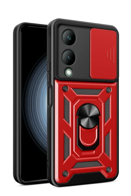 Uray store Vivo Y17S Kılıf Pars Lens Yüzüklü Silikon - Kırmızı