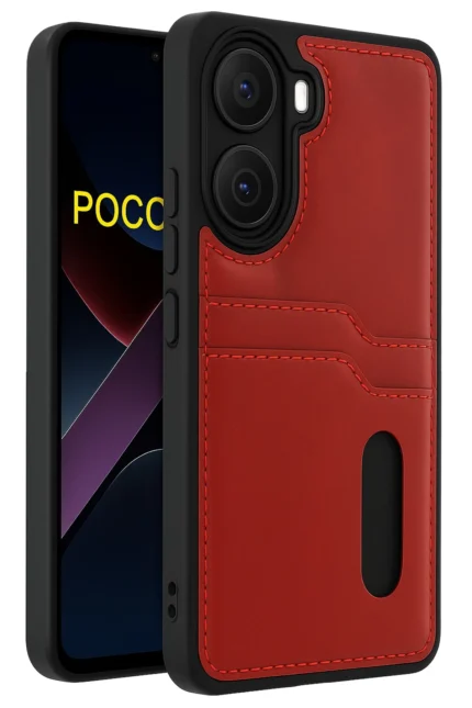 Uray store Xiaomi Poco X7 Pro Kılıf Sara Kartvizitli Deri Kılıf - Kırmızı