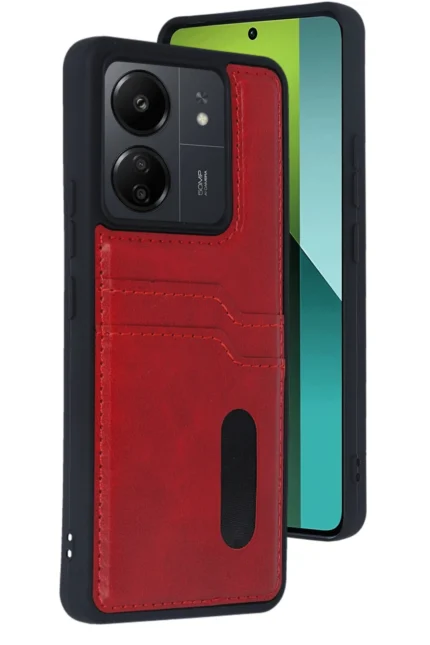 Uray store Xiaomi Redmi 13C Kılıf Sara Kartvizitli Deri Kılıf - Kırmızı
