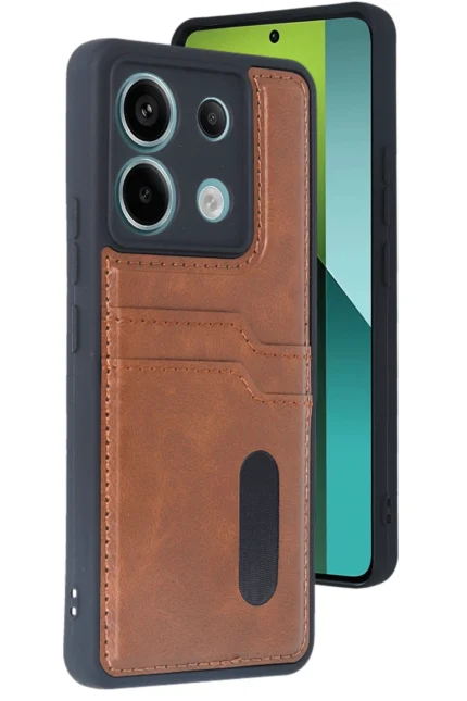 Uray store Xiaomi Redmi Note 13 Pro 4G Kılıf Sara Kartvizitli Deri Kılıf - Taba