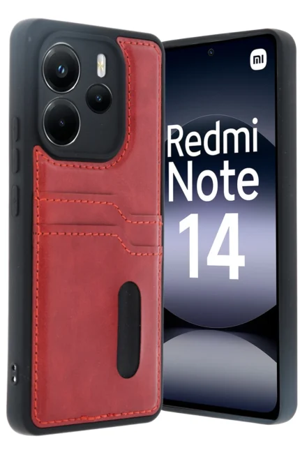 Uray store Xiaomi Redmi Note 14 4G Kılıf Sara Kartvizitli Deri Kılıf - Kırmızı