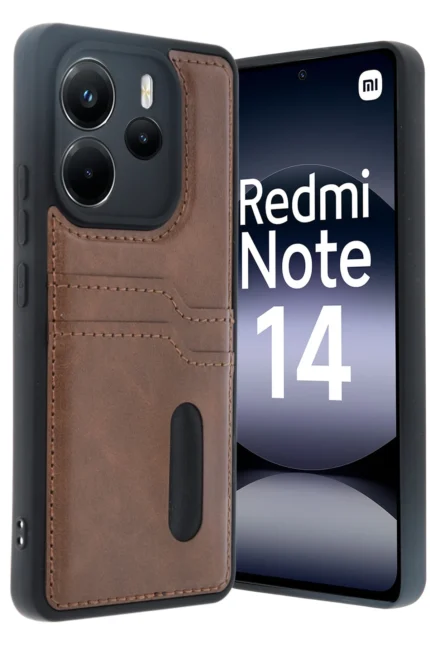 Uray store Xiaomi Redmi Note 14 4G Kılıf Sara Kartvizitli Deri Kılıf - Taba