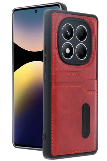 Uray store Xiaomi Redmi Note 14 Pro 4G Kılıf Sara Kartvizitli Deri Kılıf - Kırmızı