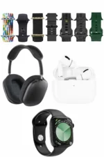 Karler Bass K32 Kombo 7 Adet Kordon Akıllı Saat Airpods Kulaklık Kafa Üstü Kablosuz Kulaklık Set - Siyah