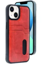 Uray store Apple iPhone 15 Sara Kartvizitli Deri Kılıf - Kırmızı
