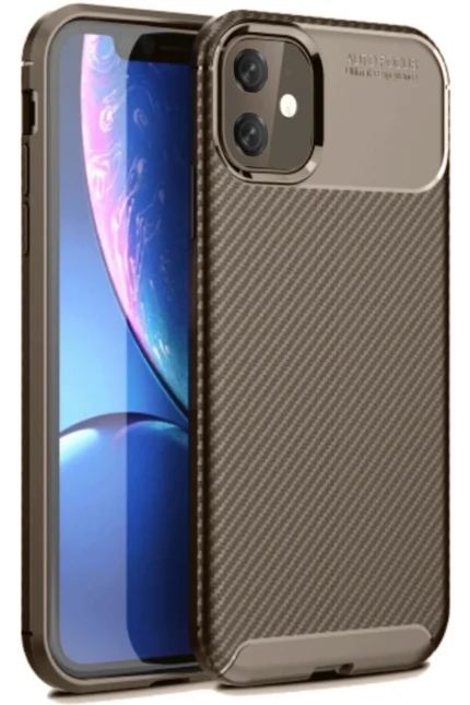 Uray store Apple iPhone 11 Kılıf Auto Focus Karbon Kapak - Kahverengi