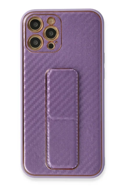 Uray store Apple iPhone 12 Pro Kılıf Coco Karbon Standlı Kapak - Mor
