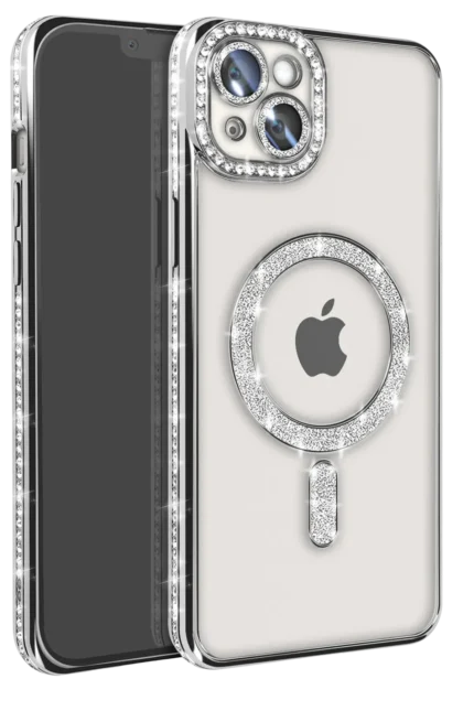Uray store Apple iPhone 14 Kılıf Joke Simli Magneticsafe Kılıf - Gümüş