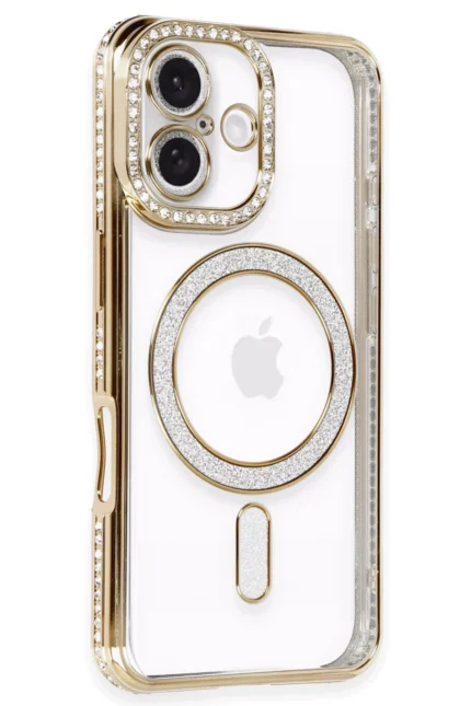 Uray store Apple iPhone 16 Kılıf Joke Simli Magneticsafe Kılıf - Gold