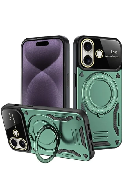 Uray store Apple iPhone 16 Kılıf Joy Lens Standlı Kapak - Koyu Yeşil