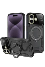 Uray store Apple iPhone 16 Kılıf Joy Lens Standlı Kapak - Siyah