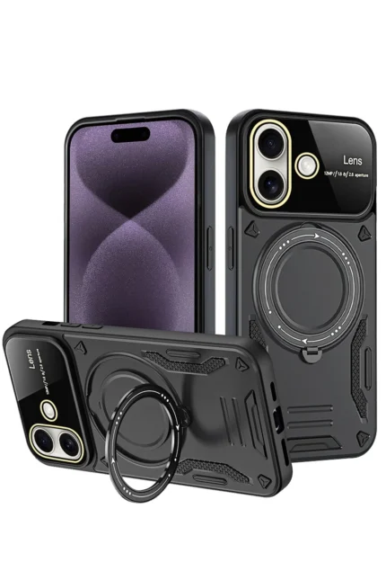 Uray store Apple iPhone 16 Kılıf Joy Lens Standlı Kapak - Siyah