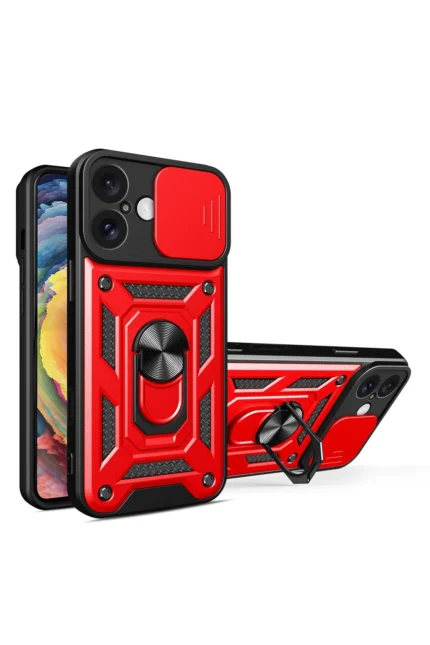 Uray store Apple iPhone 16 Kılıf Pars Lens Yüzüklü Silikon - Kırmızı