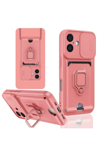 Uray store Apple iPhone 16 Kılıf Zuma Kartvizitli Yüzüklü Silikon - Pembe