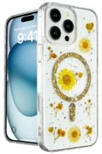 Uray store Apple iPhone 16 Pro Kılıf Daisy Simli Magsafe Kapak - Gold