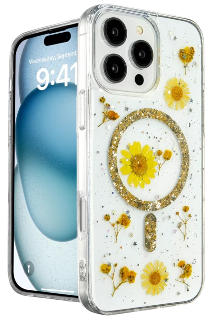 Uray store Apple iPhone 16 Pro Kılıf Daisy Simli Magsafe Kapak - Gold