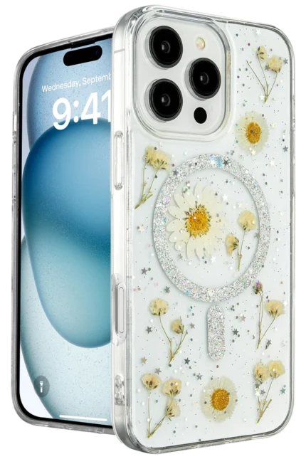 Uray store Apple iPhone 16 Pro Kılıf Daisy Simli Magsafe Kapak - Gümüş