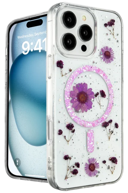 Uray store Apple iPhone 16 Pro Kılıf Daisy Simli Magsafe Kapak - Mor