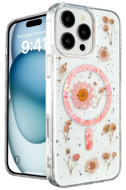 Uray store Apple iPhone 16 Pro Kılıf Daisy Simli Magsafe Kapak - Pembe
