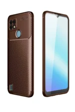 Uray store Realme C21 Kılıf Auto Focus Karbon Kapak - Kahverengi