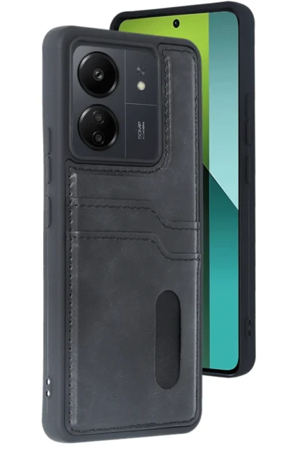 Uray store Xiaomi Redmi 13C Kılıf Sara Kartvizitli Deri Kılıf - Siyah
