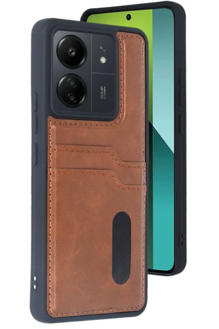 Uray store Xiaomi Redmi 13C Kılıf Sara Kartvizitli Deri Kılıf - Taba