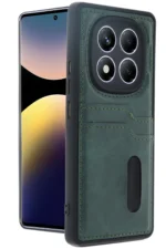 Uray store Xiaomi Redmi Note 14 Pro 4G Kılıf Sara Kartvizitli Deri Kılıf - Koyu Yeşil
