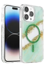 Onegif Apple iPhone 14 Pro Max Lotus Simli Magsafe Kapak - Yeşil