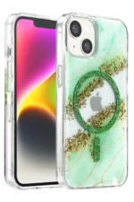 Onegif Apple iPhone 15 Lotus Simli Magsafe Kapak - Yeşil