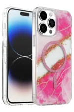 Onegif Apple iPhone 15 Pro Max Lotus Simli Magsafe Kapak - Pembe