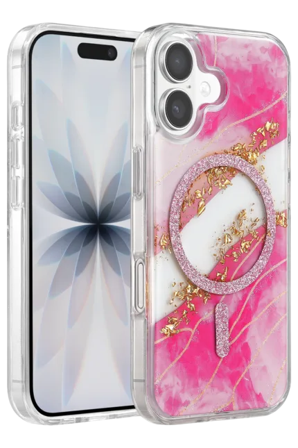 Onegif Apple iPhone 16 Lotus Simli Magsafe Kapak - Pembe