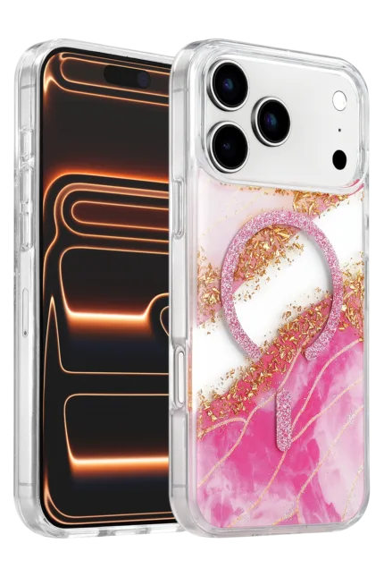 Onegif Apple iPhone 17 Pro Lotus Simli Magsafe Kapak - Pembe