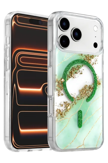 Onegif Apple iPhone 17 Pro Lotus Simli Magsafe Kapak - Yeşil