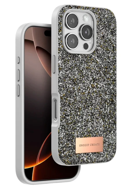 Onegif Apple iPhone 16 Pro Bright Simli Kapak - Gümüş