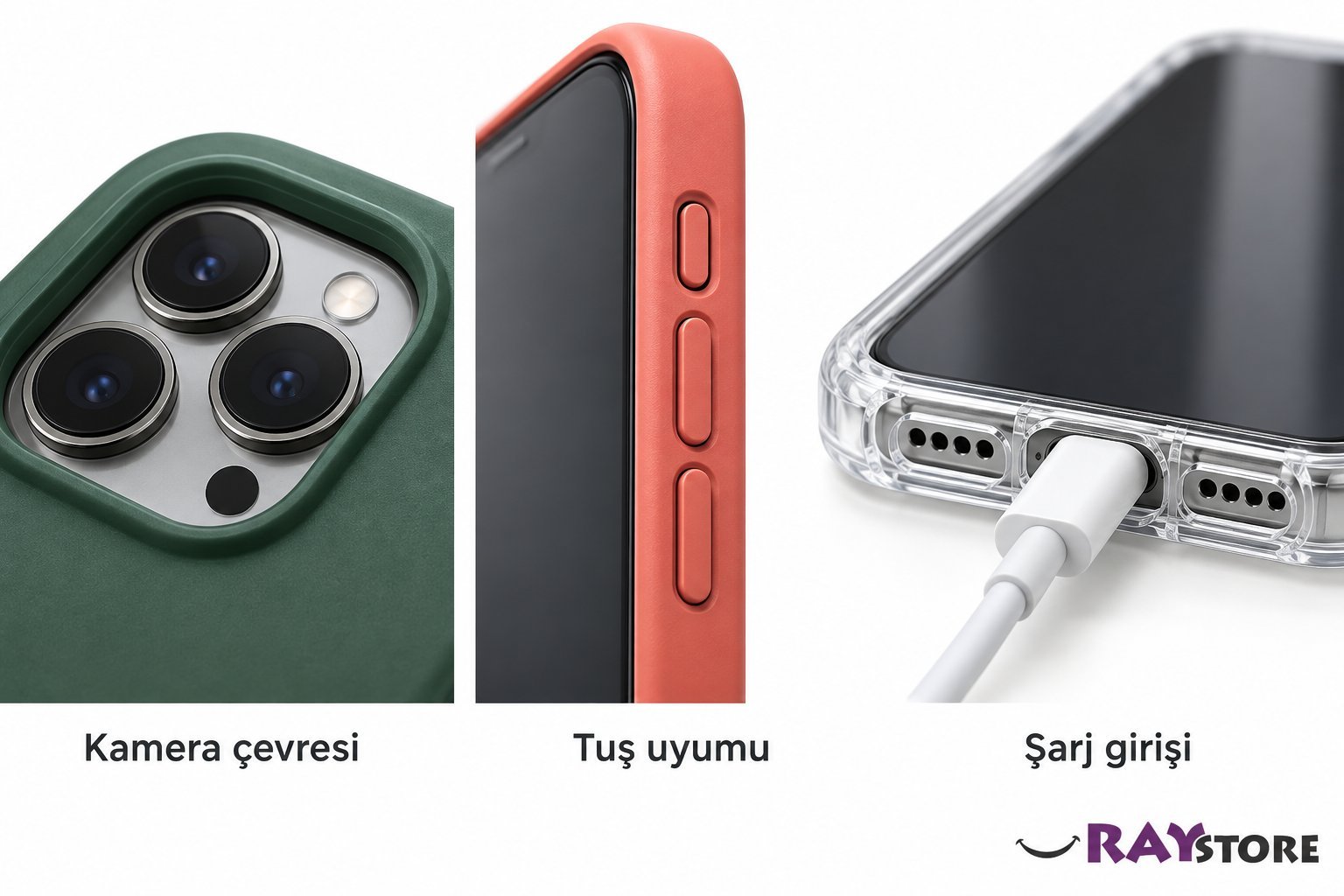 Telefon kılıfında kamera çevresi, yan tuşlar ve şarj girişi uyumunun yakın plan gösterimi
