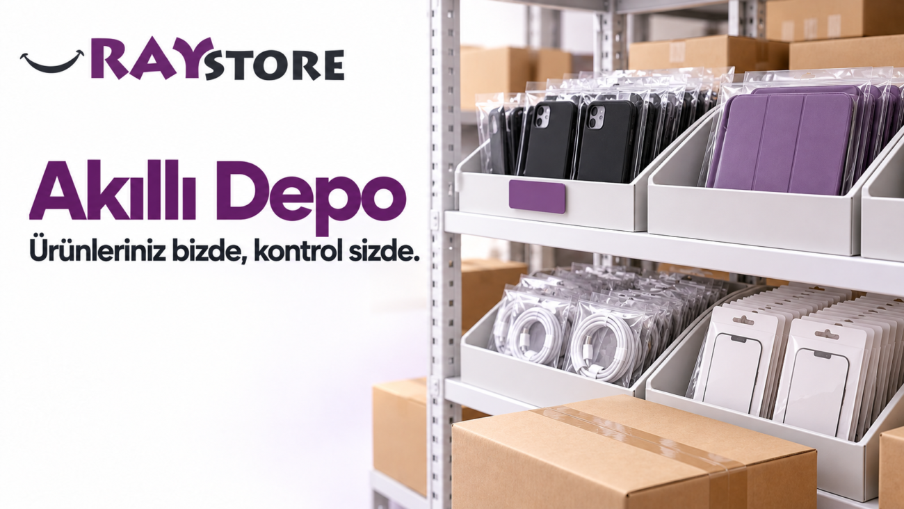 Akıllı Depo tanıtımında raflara ayrılmış telefon ve tablet aksesuarları