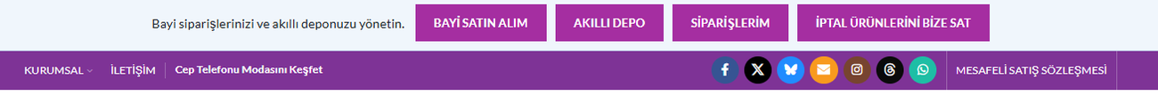 Bayi Satın Alım, Akıllı Depo ve Siparişlerim bağlantılarını gösteren üst menü