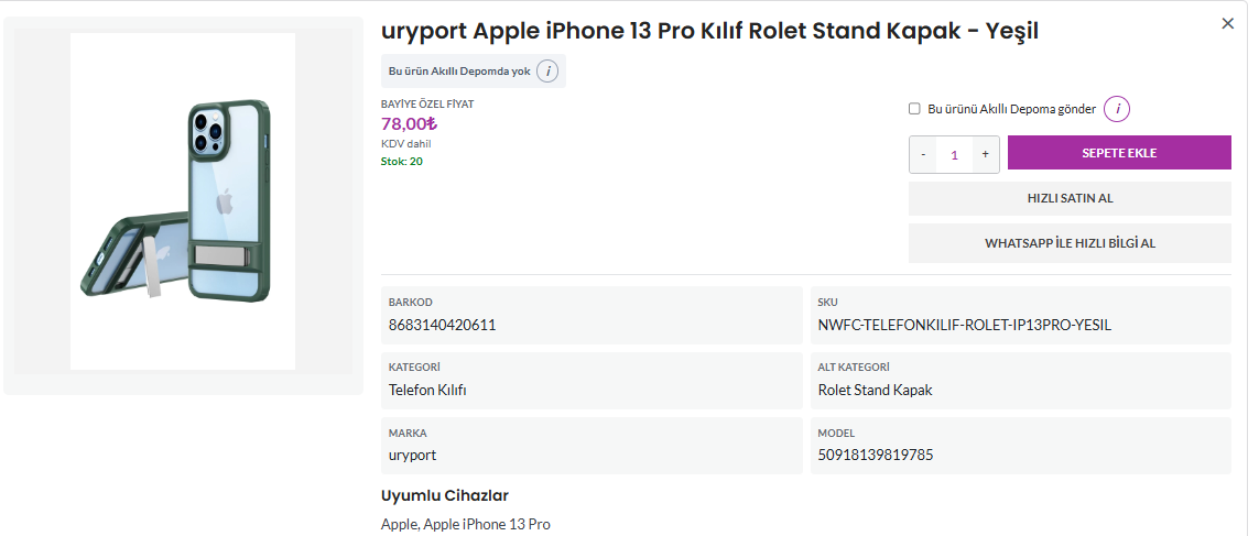 Telefon kılıfı ayrıntısında model, renk, barkod ve adet seçimi