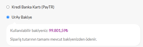 Siparişi UrAy Bakiye ile ödeme seçeneği