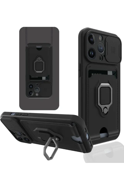 Uray store Apple iPhone 14 Pro Max Kılıf Zuma Kartvizitli Yüzüklü Silikon - Siyah