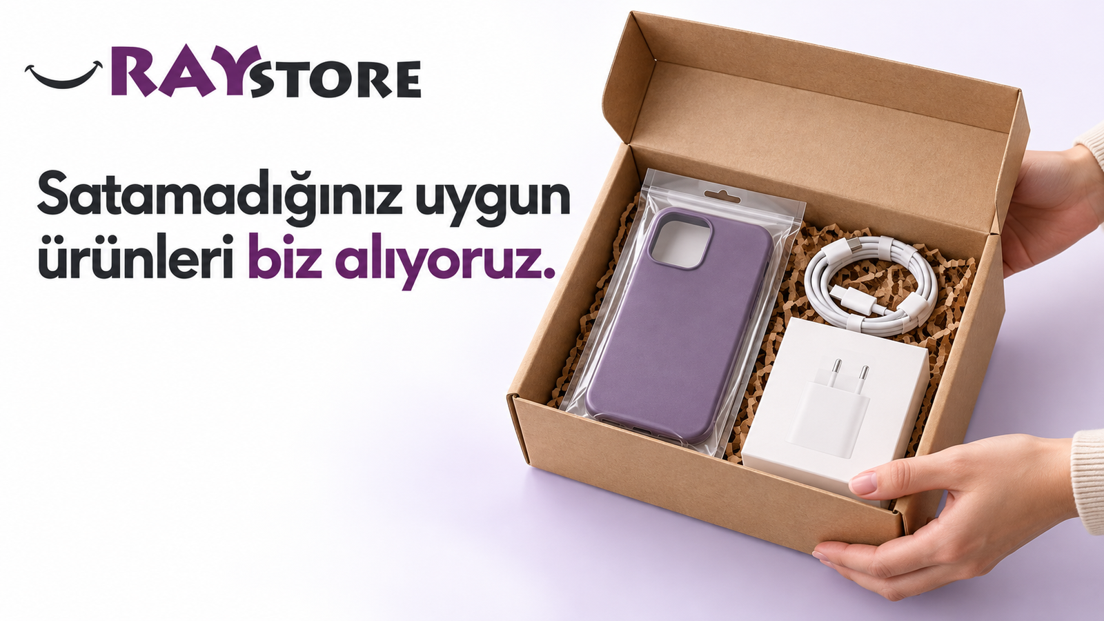 Uygun telefon aksesuarlarının UrAy Store geri alımı için kutulanmasını anlatan görsel